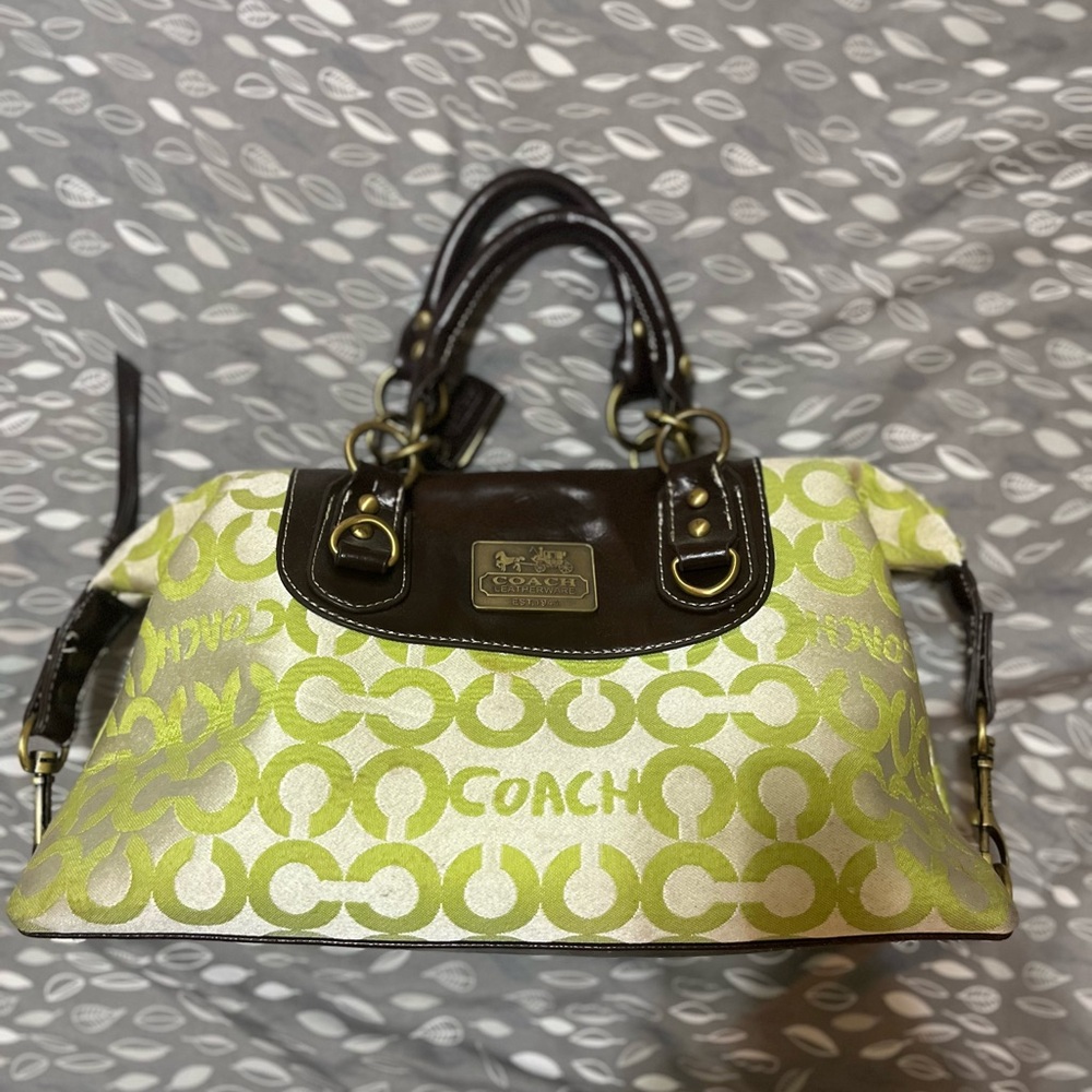 Coach Green and Brown Satchel with Signature Pattern